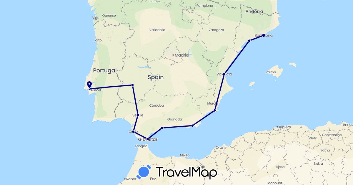 TravelMap itinerary: driving in Spain, Gibraltar, Portugal (Europe)