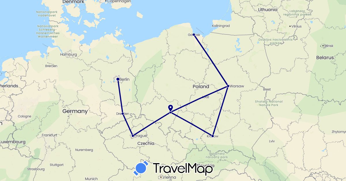 TravelMap itinerary: driving in Czech Republic, Germany, Poland (Europe)